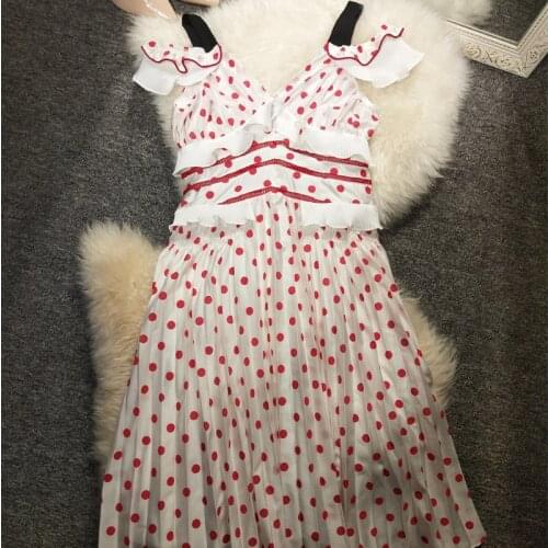 Sweet white V New collar wide sling red wave dot lace chiffon dress shoulders lotus leaf