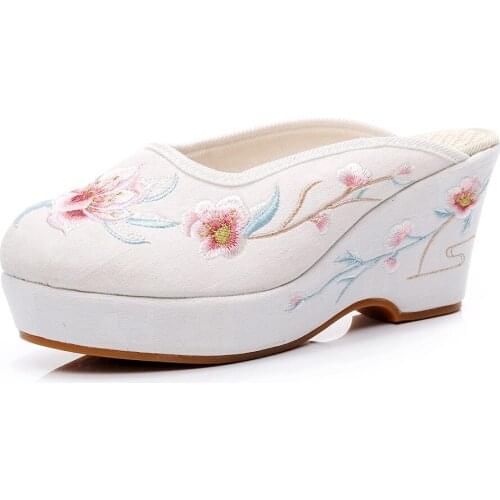 Vintage 7cm Wedges Ladies Cotton Fabric Mules Shoes Summer Comfort Soft Slip-On Platform Slippers Women Embroidery Slippers