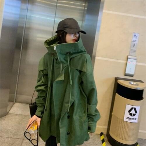 2021 New Spring And Autumn Work Clothes Military Green Hooded Windbreaker Womens Stand Collar Couples Coat Submachine Casual