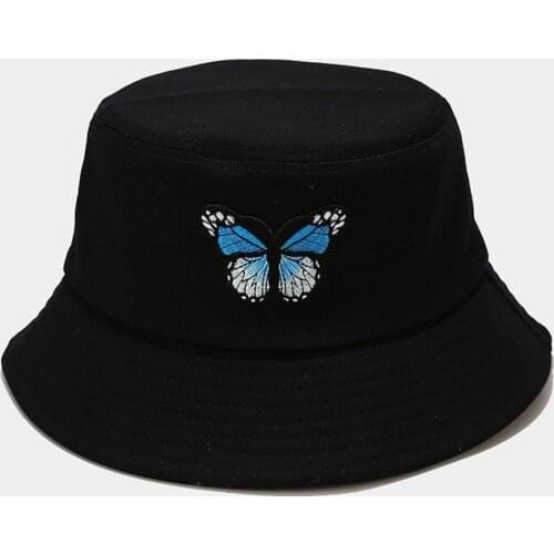 Blue Butterfly Embroidery Bucket Hats For Girls Summer Outdoor Beach Panama Men Caps Women Sun Harajuku Foldable Fishing Hat