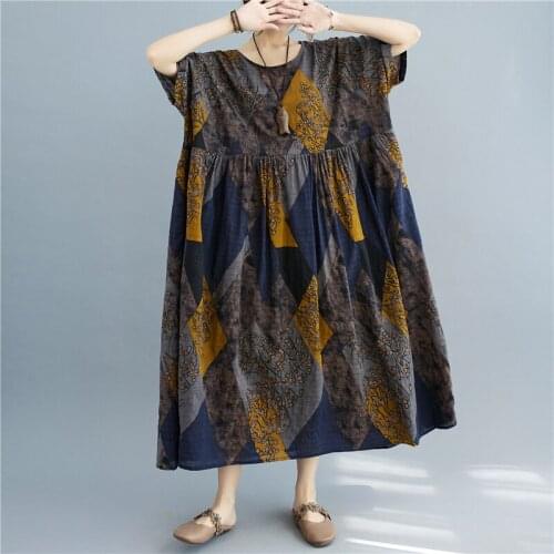 4XL 5XL 6XL One Piece Cotton Dress Women Long Sundress Summer Oversize Print Boho Beach Dress Vintage Plus Size Linen Retro Dres