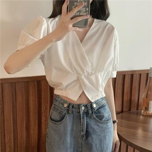 QOERLIN Chic Puff Sleeve Top French Temperament V-neck Twist Short Sleeve Short Shirt Loose Casual Cropped Tops Blouse Women