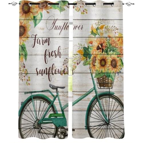 Sunflower Bike Farm Wood Plank Texture Blackout Curtains For Living Room Bedroom Window Treatment Blinds Drapes Kitchen Curtains