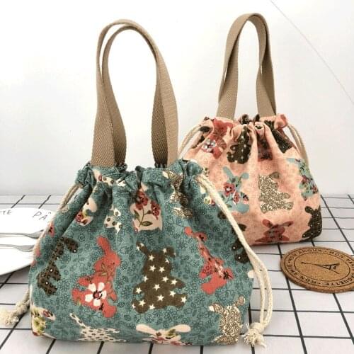 Cute Rabbit Lunch Bags For Women Handbag Kids Japanese Style Portable School Hiking Canvas Drawstring Food Storage Bag
