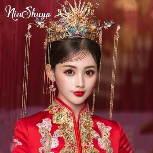 NiuShuya Vintage Chinese Classical Costume Hair Crown Blue Long Tassel Wedding Bride Wedding Princess Queen Headdress