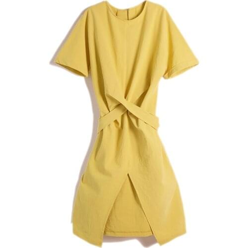 PERHAPS U Women Yellow O-neck Short Sleeve Casual Criss-cross Lace-up Split Mini Dress Summer Female D2699