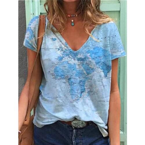 Women Short Sleeve Digital Map Printing V-Neck Stripe Loose T-Shirt Blouse Tops