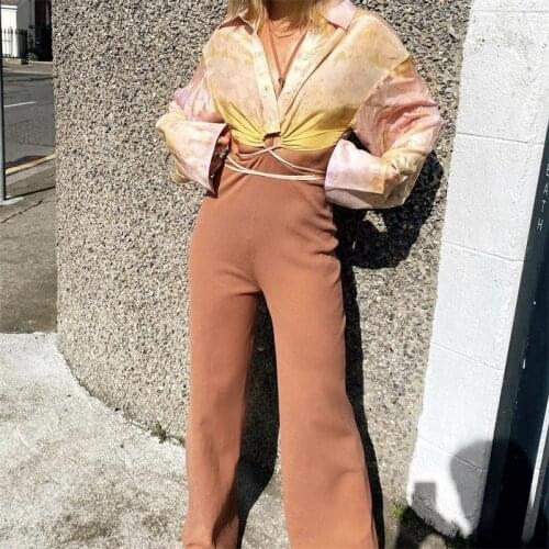 ZXQJ Women 2021 Fashion With Tied Hem Cropped Printed Tie-dye Blouses Vintage Long Sleeve Female Shirts Chic Tops