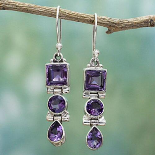 Purple Natural Stone Long Drops Earrings Round Square Water Drop Shape Pendant Brincos Zircon Earrings boucle d'oreille femme