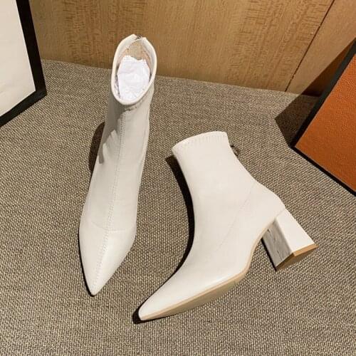 Womens high-heeled short boots, white pointed toe ankle boots, for autumn and winter, new slim, 2021