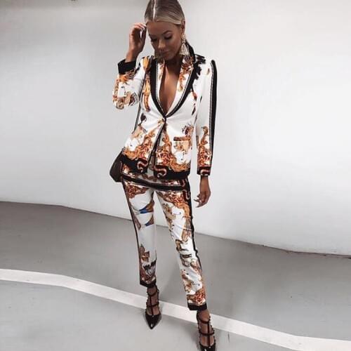 Women Set Runway Designer Luxury Art Deco Printed Vintage Retro Two Piece Blazer Jacket Tops and Pants Suits Female Clothing