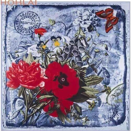 2020 New 100% Silk Scarf Women Spain Large Shawls Flowers Print Stoles Square Bandana Luxury Kerchief Scarf Female Foulards130CM