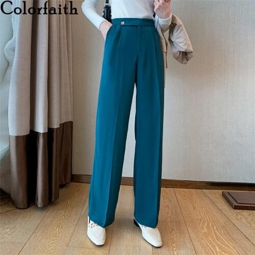 Colorfaith New 2021 Spring Autumn Women Pants High Waist Straight Pockets Formal Elegant Wide Leg Ankle-Length Trousers P342
