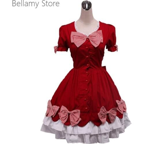 Sweet princess Lace Hem Red and White Stripes Bows Lolita Dress
