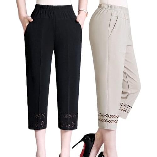 Summer Women Thin Cropped Pants New Elastic High Waist Straight Pants Hollow Loose Plus Size 5XL Middle-aged Female Casual Pants