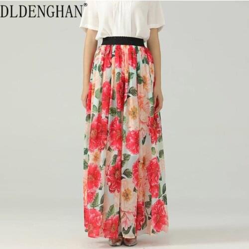DLDENGHAN Fashion Designer Bohemian Flower Print Skirt For Women Elastic Waist Ankle-Length Chiffon Skirts Summer Female New