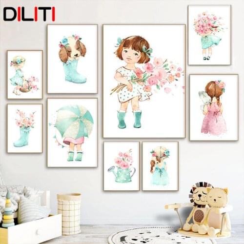 Cute Baby Girl Rose Flower Umbrella Nursery Wall Art Pictures Nordic Watercolor Decorative Posters and Prints for Kid Room Decor