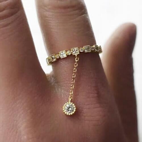 New Trendy Micro Paved Rings with Chain Square Zircon Women Ring Chain Rings Female Party Daily Fancy Decorative Jewelry Ring