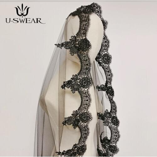 High Quality Single Layer Lace Muslim Veil Arab Bride Black Veil Black Tulle Dress Women Wedding Black Bridal Lace Veils 1.5M