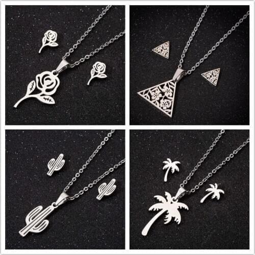 Oly2u Exquisite Trendy Rose Flower Piercing Earrings for Women Stainless Steel Cactus Coconut Necklaces Gift for Mom