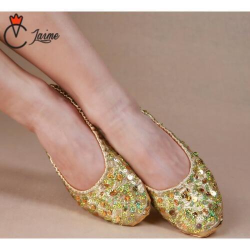 Squin dance Wholesale Belly Dance Practice Silver/Gold Flats Soft Leather Pointe Gymnastics Foldable Ballet Flat Sequins