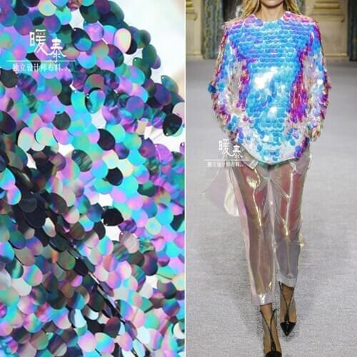 Iridescent Sequins Gauze Fabric Embroidered Fish Scale Sequin DIY Stage Clothes Props Decor Skirt Wedding Dress Designer Fabric