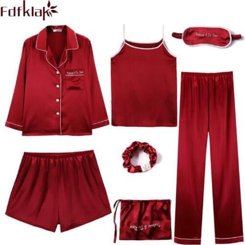 7 pieces pajamas for women long sleeve silk satin pajama set 2020 new sexy sleepwear pijama spring summer autumn pyjamas female