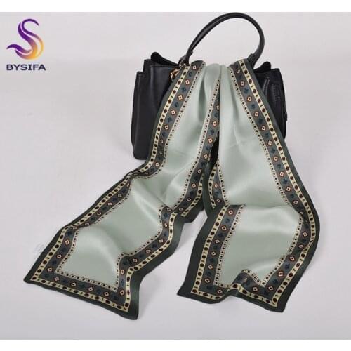BYSIFA|New Europe Green Silk Ribbon Scarves Women Fashion 100% Pure Silk Big Long Scarves Ribbons Sping Fall Neck Scarf 155*16cm
