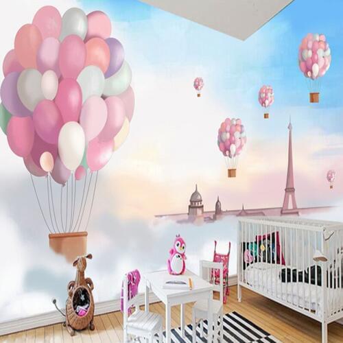 Custom Wall Cloth 3D Photo Poster Wallpaper Cartoon Pink Hot Balloon Children Room Girls Bedroom Backdrop Wall Decoration Mural