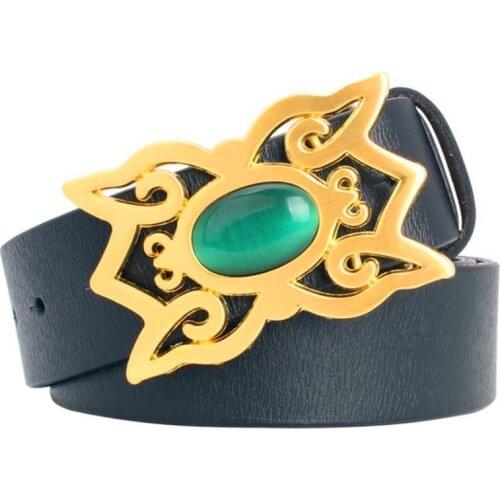 Women belt Genuine Leather lady waist belt fashion opal gemstone Cross pattern Female belt cowskin leather Gemstone beads