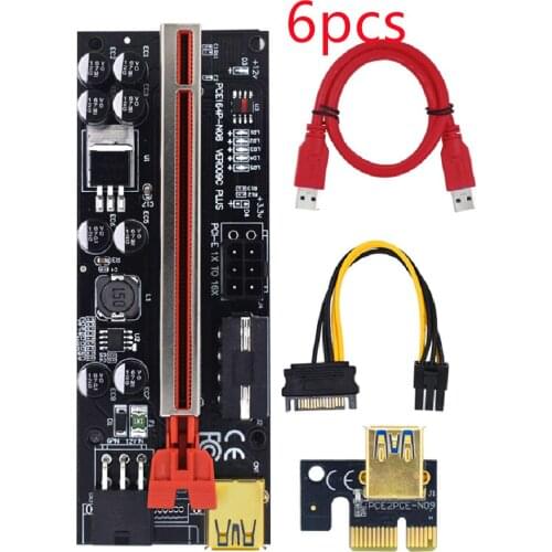6pieces VER009C Plus PCI-E Riser Card 009C PCI Express Adapter Molex 6Pin SATA to USB 3.0 Cable 1X 16X Extender for GPU Mining