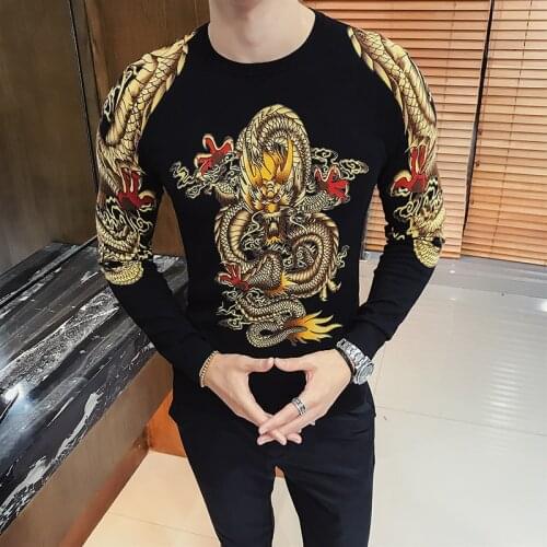 Luxury Gold Dragon Print Sweater Men Pullver Erkek Kazak Club Party Stage Clothing Male Slim Sweaters Trui Heren