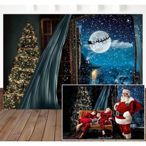 Christmas Photography Background Snowflake Night Santa Claus Sleigh Moon Photo Backdrop Winter Wonderland Decorations Studio