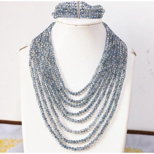 Blue crystal glass 4x6mm beads fashion diy jewelry set 8 rows chain nacklace 5 rows bracelet B855