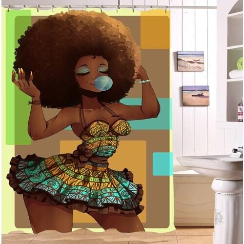Sexy Skirt Girl Bathroom Curtain Waterproof Fabric Blowing Bubble Gum Curls African Women Shower Curtain and Bath Mat doormat