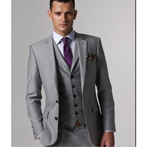 Custom Made Groomsmen Notch Lapel Groom Tuxedos Light Grey Men Suits Wedding Best Man Blazer (Jacket+Pants+Tie+Vest) B126