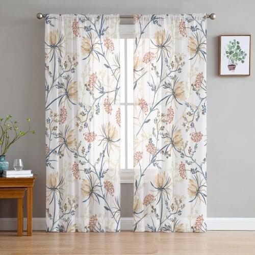 Snow Lotus Branches Leaves Flower Plant Sheer Curtains for Living Room Tulle for Windows Voile Yarn Short Bedroom Curtains