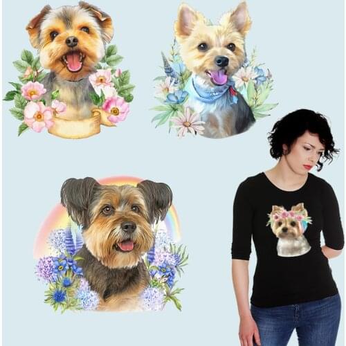 Yorkshire dog Flowers Pet Heat-sensitive patches Thermal transfer printing Iron on patches Heat Transfer PVC Patch