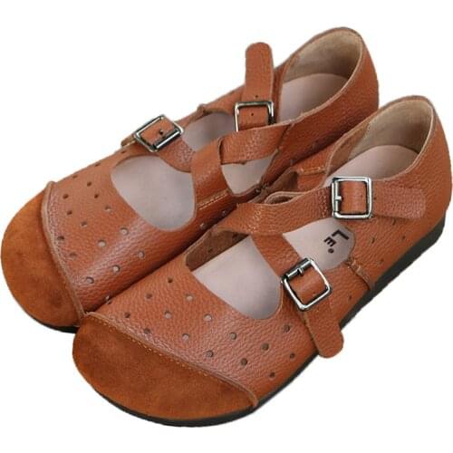 Women Fashion Flats Shoes Lace up Loafers Shoes Genuine Leather Buckle Strap Round Toe Hollow out fashion Casual women shoes