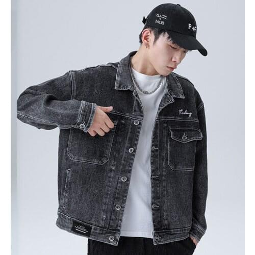 2127 Spring Mens Denim Coats Trendy Letter Embroidery Multi-Pocket Streetwear Casual Loose Lapel Cargo Jackets Male Clothing