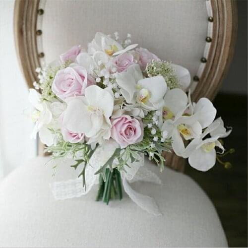 SESTHFAR White Orchid Wedding Brooch Bouquet Luxury 2021 Artificial Silk flower Crystal Bride Waterfall Bouquet Dama Honor