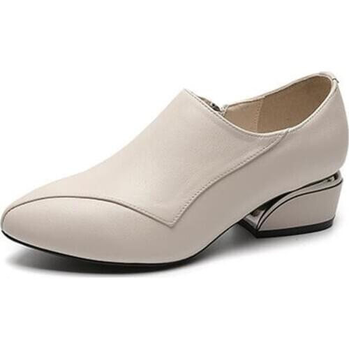 2020 New Autumn Top Cowhide Pointed Womens Leather Shoes Low Heel Side Zipper Deep Mouth Comfort Fashion Shoes Womens Shoes