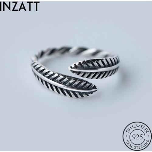 INZATT Real 925 Sterling Silver Feather Adjustable Ring For Fashion Women Party Vintage Fine Jewelry Geometric Accessories Gift