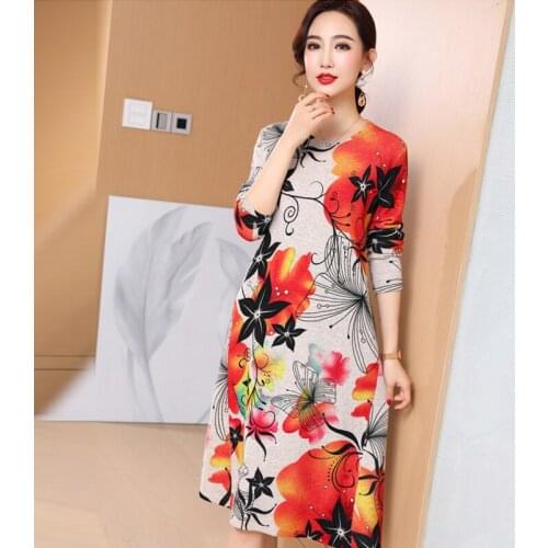 Winter Fall Casual Floral Printed Pattern Knit Sweater Dress Clothes for Women , Woman 4xl 5xl Knitted Sweaters Long Dresses