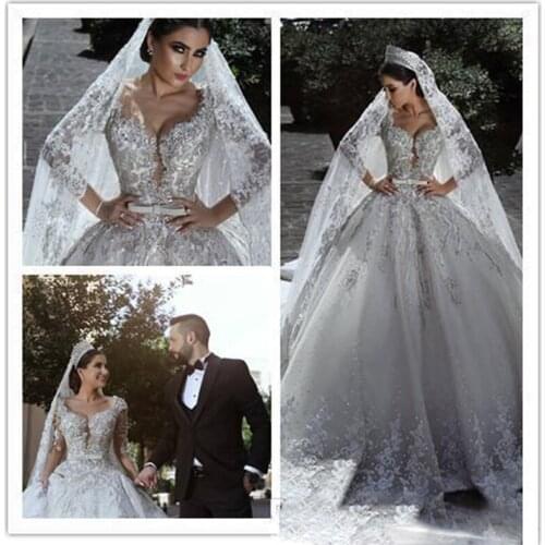 Vestidos De Novia Vintage Luxury Ball Gown Long Sleeve Lace African Plus Size Muslim Wedding Dress Beads Zuhair Murad Bridal Gow