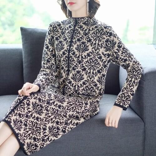 Autumn Winter Vintage Women Floral Sweater Dresses 2021 Korean Plus Size Long Sleeve Midi Dress Female Elegant Bodycon Vestidos