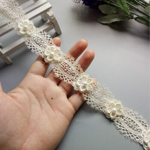 1 Yard Ivory Soluble Pearl Flower Embroidered Lace Trim Ribbon Fabric Handmade DIY For Costume Sewing Supplies Craft Decoration