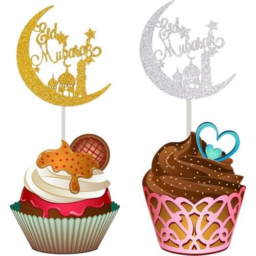 100pcs/lot Gold Silver happy Eid Mubarak Cake Topper,Creative Laser Ramadan Kareem Cake Topper,Islamic party decoration Supplies