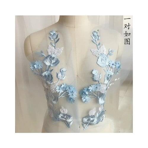 2PCS French Lace Handmade Beads 3D Wedding Dress Applique DIY Bridal Headdress Blue Lace Fabric Patch