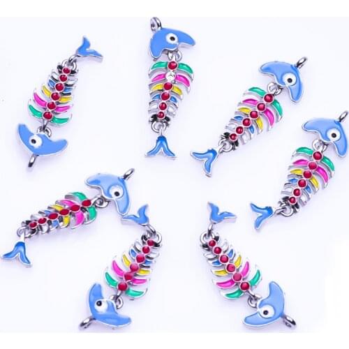 20Pcs New Special Oil Drop Enamel Fish Sketelon Charm Pendant Jewelry Making Bracelet Necklace DIY Earrings Crafts 33x10mm